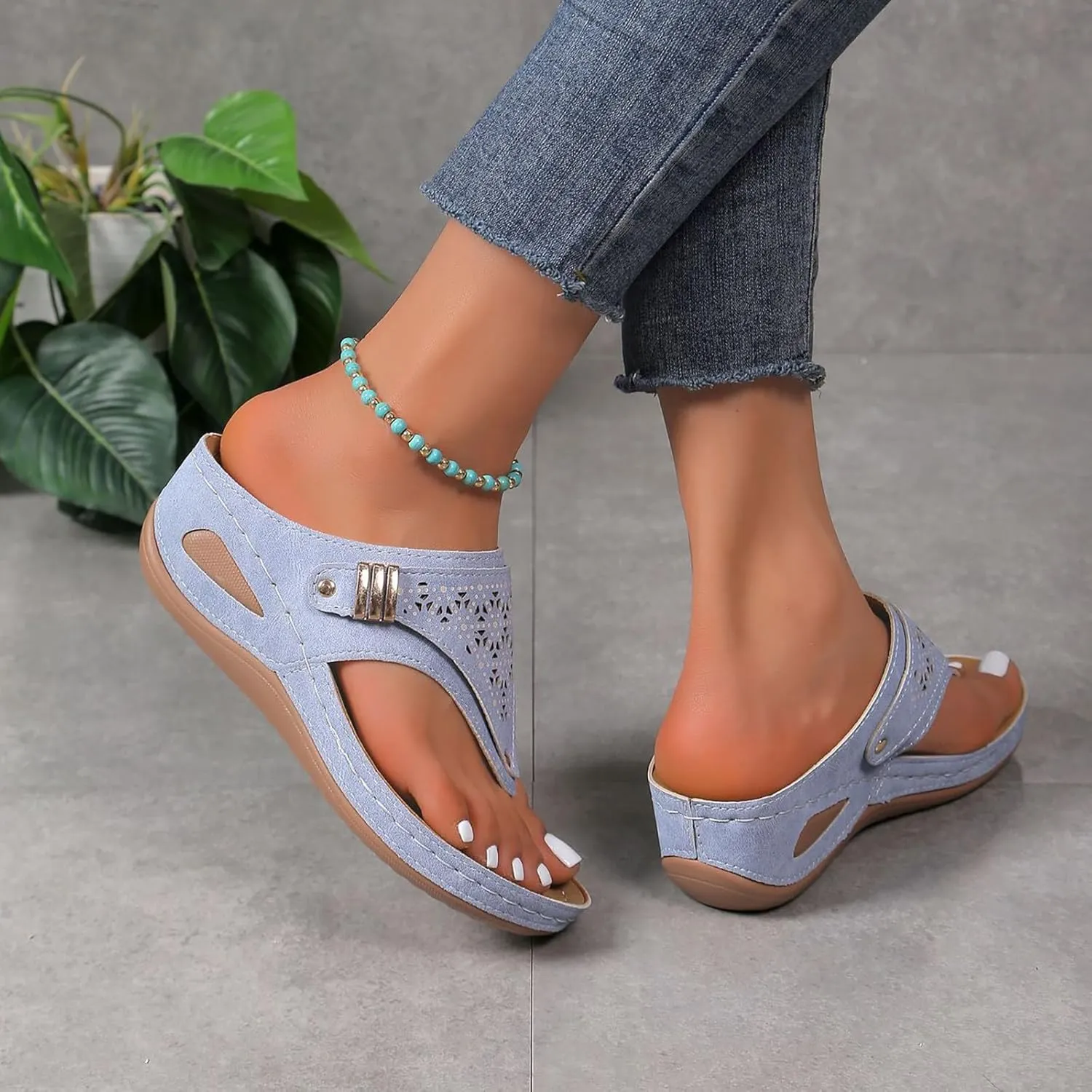 Summer Sandals for Women 2025 Beach Travel Comfortable Orthowalkway Arch Support Hollow Flip Flops Wedge Sandals