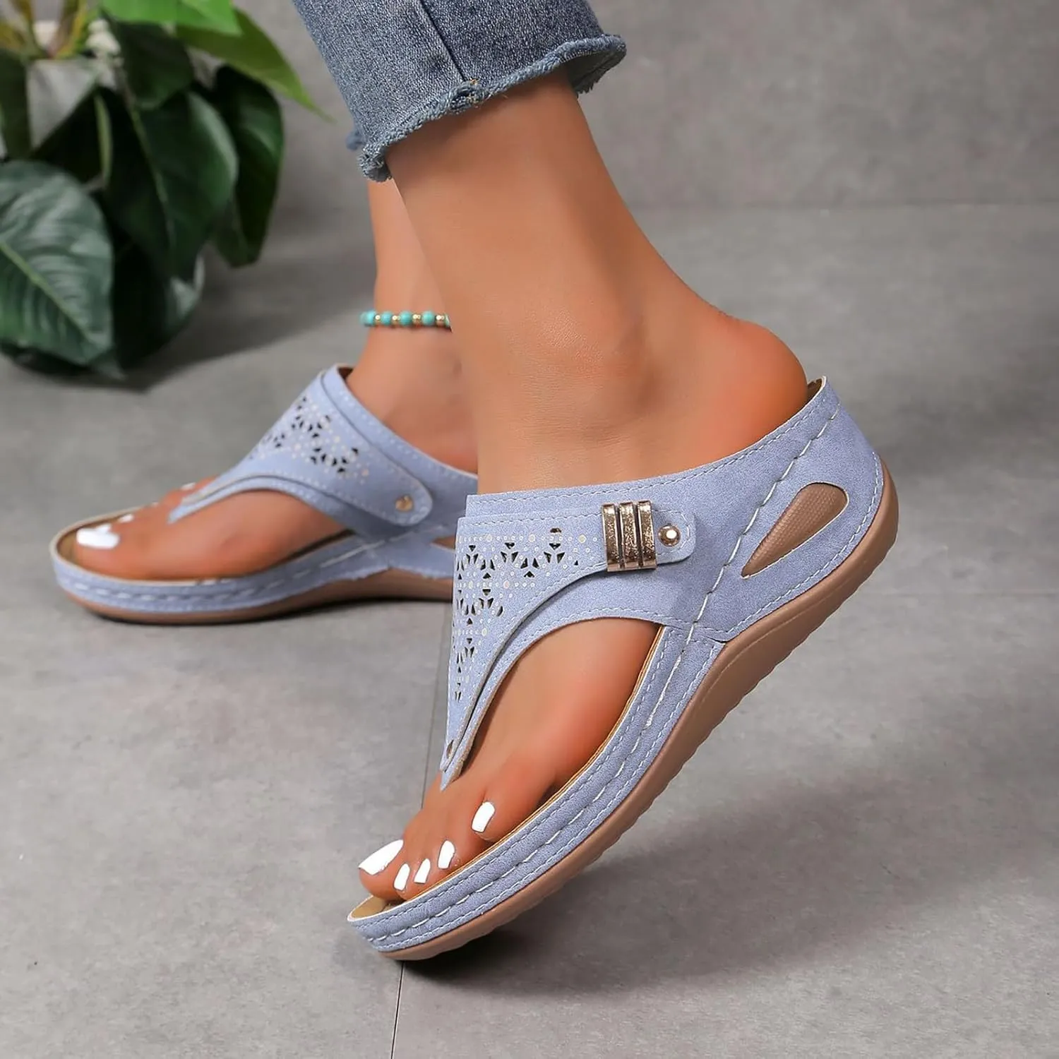Summer Sandals for Women 2025 Beach Travel Comfortable Orthowalkway Arch Support Hollow Flip Flops Wedge Sandals