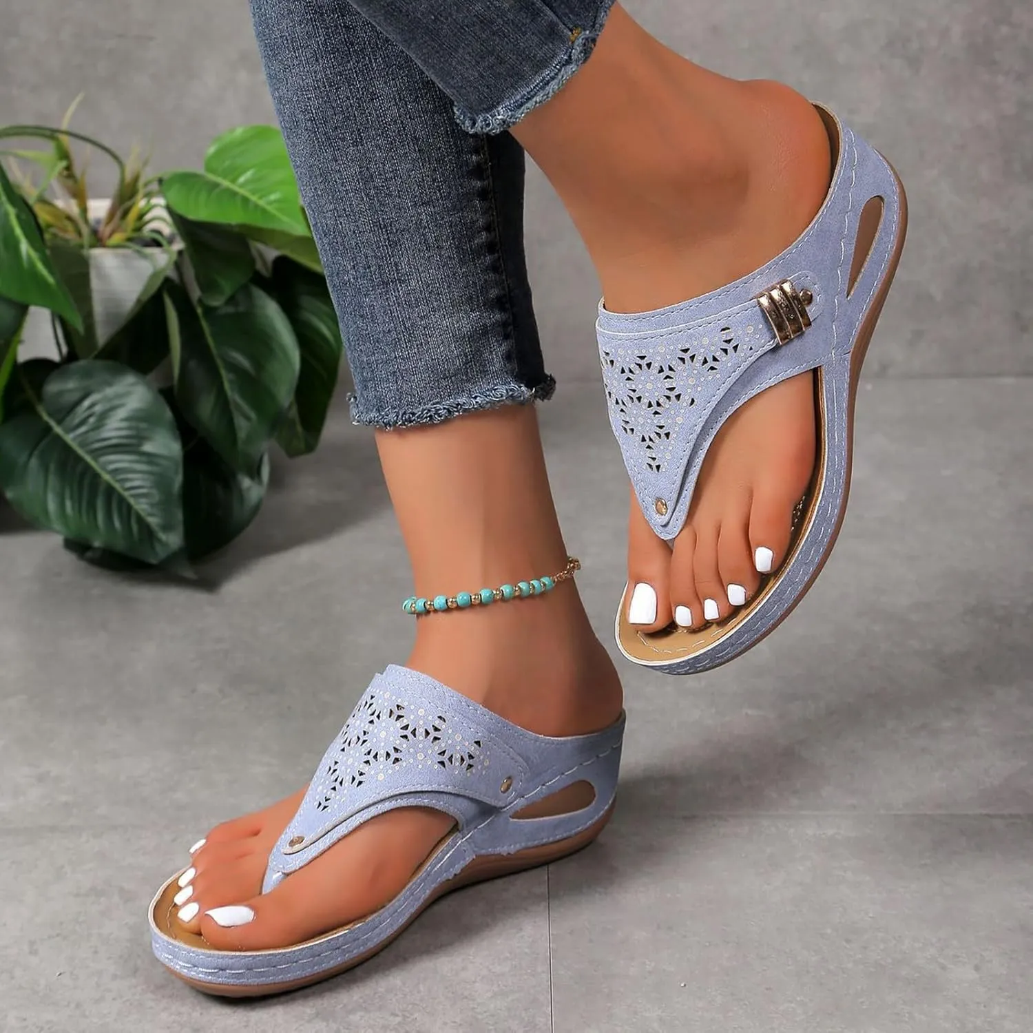 Summer Sandals for Women 2025 Beach Travel Comfortable Orthowalkway Arch Support Hollow Flip Flops Wedge Sandals