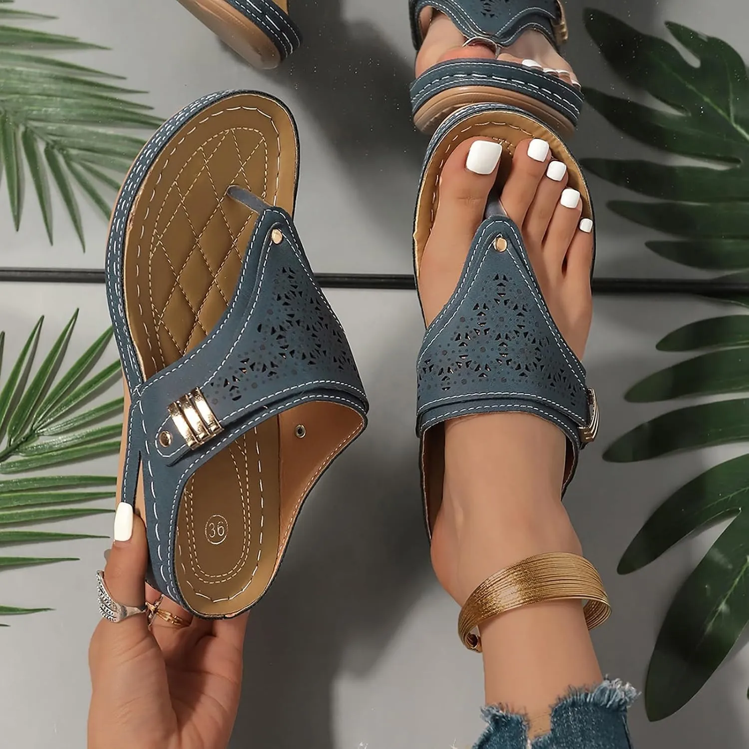 Summer Sandals for Women 2025 Beach Travel Comfortable Orthowalkway Arch Support Hollow Flip Flops Wedge Sandals