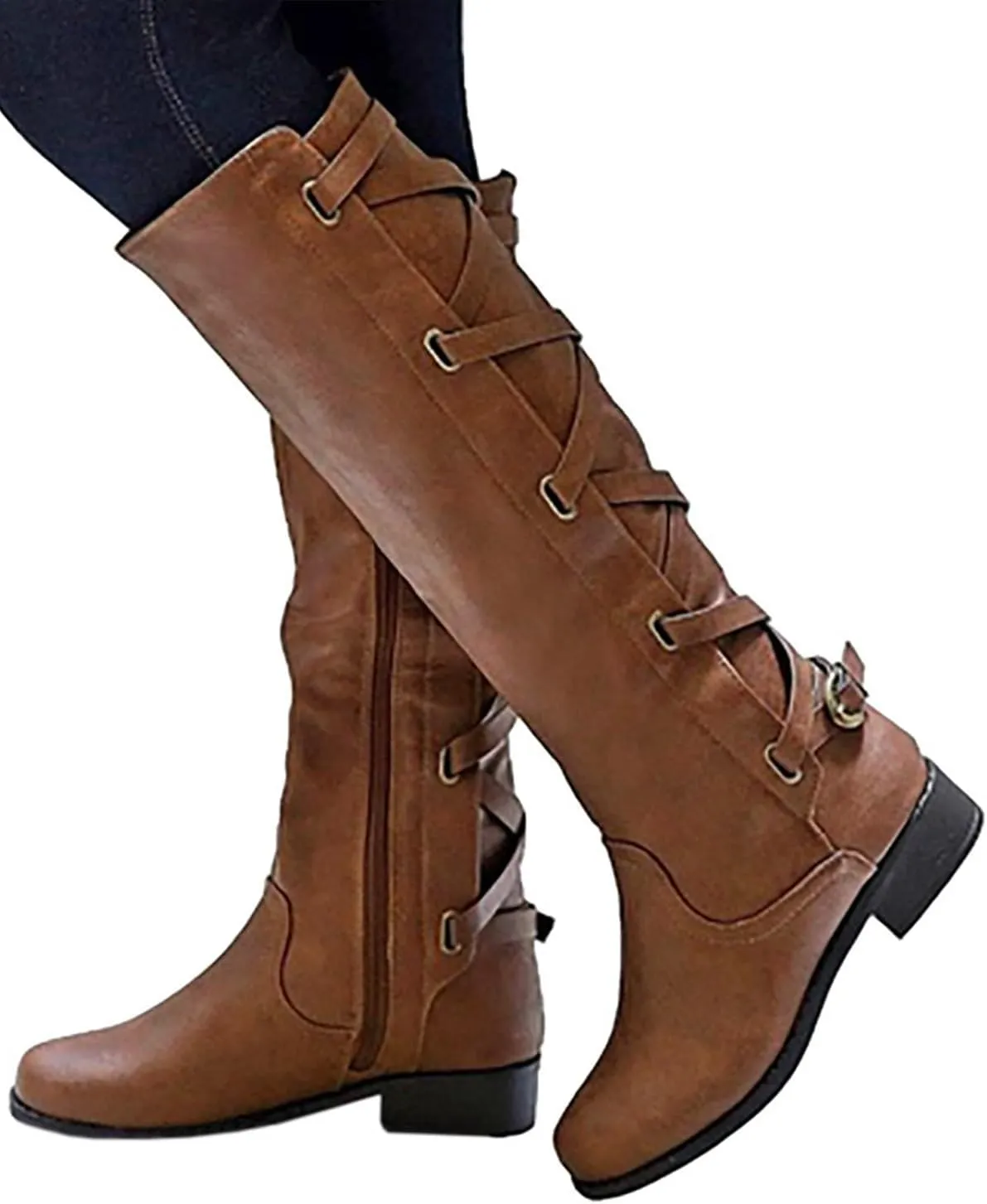 Syktkmx Womens Strappy Motorcycle Knee High Boots Winter Lace Up Riding Flat Low Heel Shoes