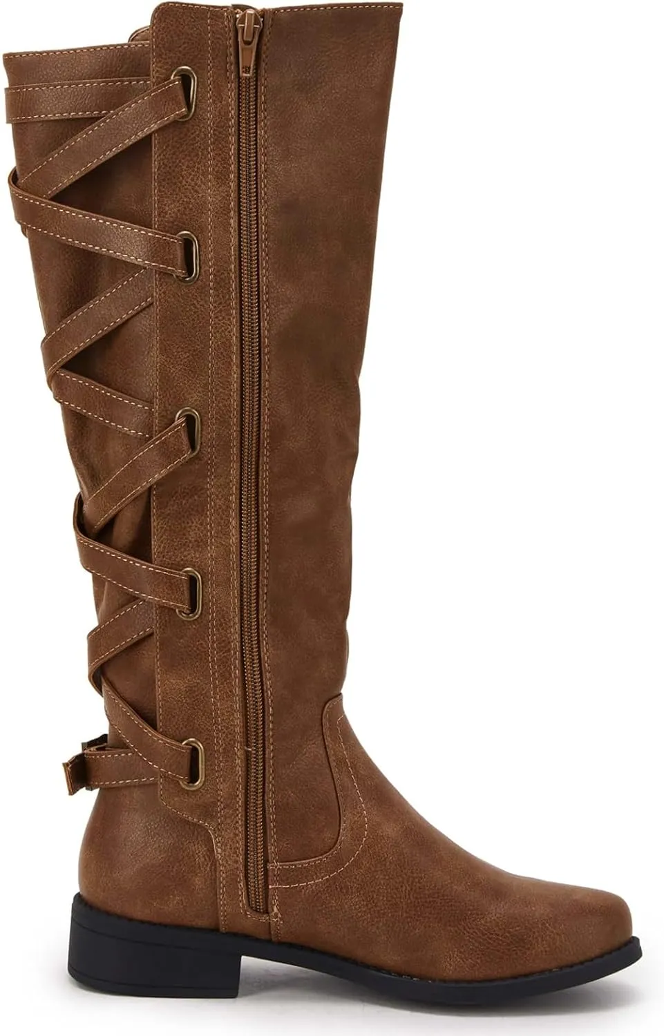 Syktkmx Womens Strappy Motorcycle Knee High Boots Winter Lace Up Riding Flat Low Heel Shoes