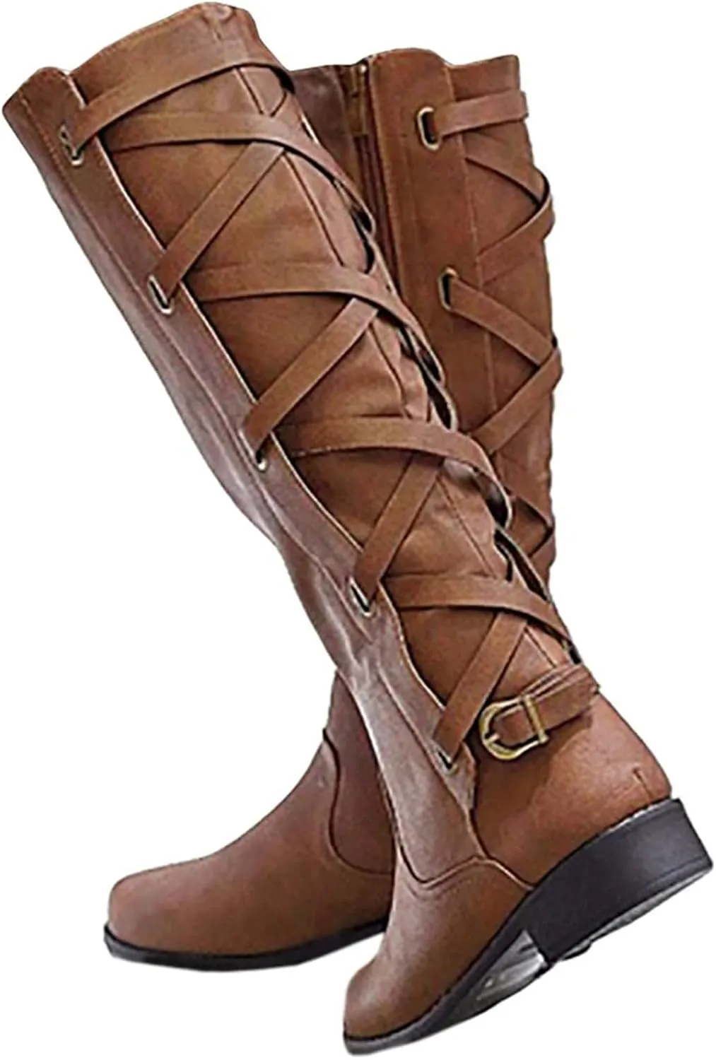 Syktkmx Womens Strappy Motorcycle Knee High Boots Winter Lace Up Riding Flat Low Heel Shoes