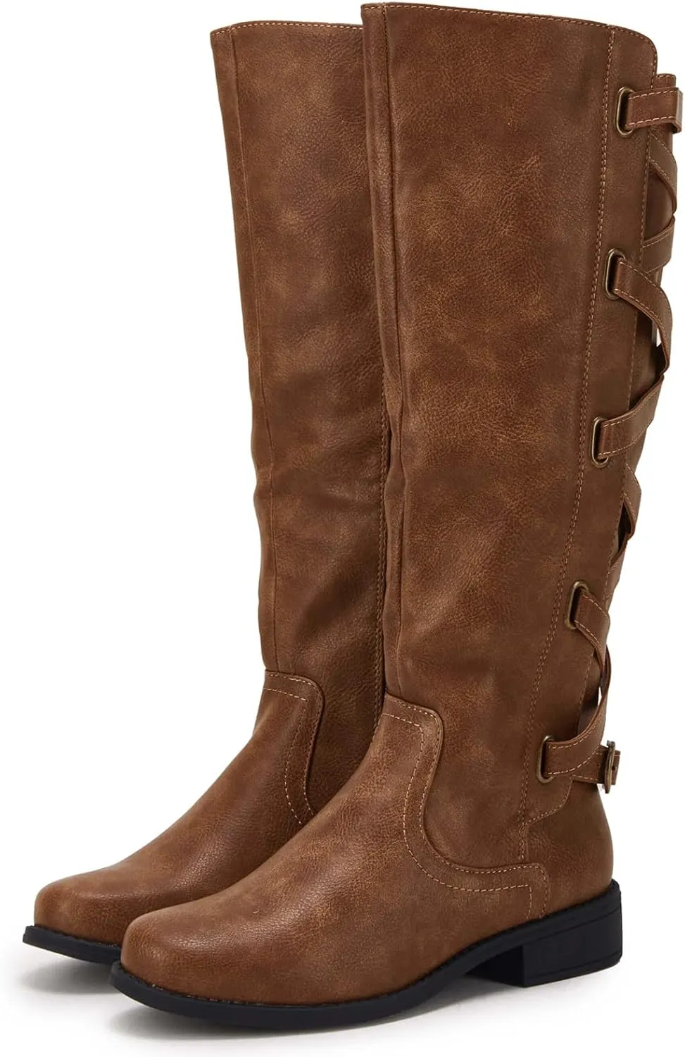 Syktkmx Womens Strappy Motorcycle Knee High Boots Winter Lace Up Riding Flat Low Heel Shoes