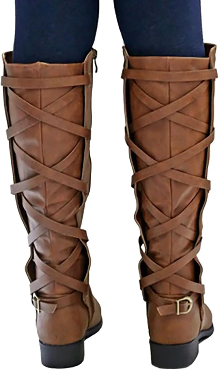 Syktkmx Womens Strappy Motorcycle Knee High Boots Winter Lace Up Riding Flat Low Heel Shoes