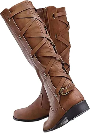 Syktkmx Womens Strappy Motorcycle Knee High Boots Winter Lace Up Riding Flat Low Heel Shoes