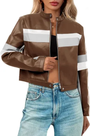 Tankaneo Womens Cropped Moto Biker Jackets Faux Leather Bomber Jacket Color Block Vintage Racing Coats
