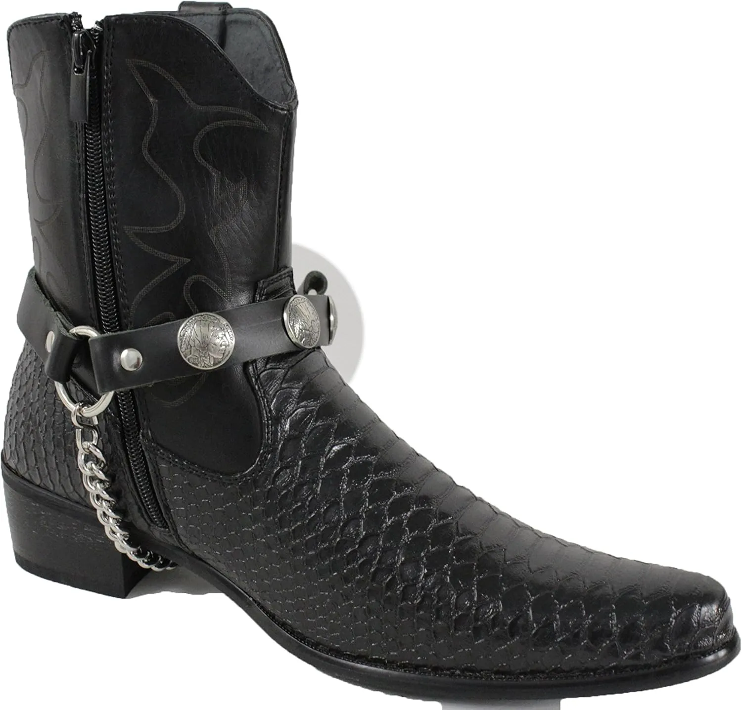 TFJ Men Biker Jewelry Boot Bracelets Black Leather Straps Silver Metal Chains Native American Indian