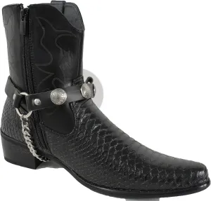 TFJ Men Biker Jewelry Boot Bracelets Black Leather Straps Silver Metal Chains Native American Indian