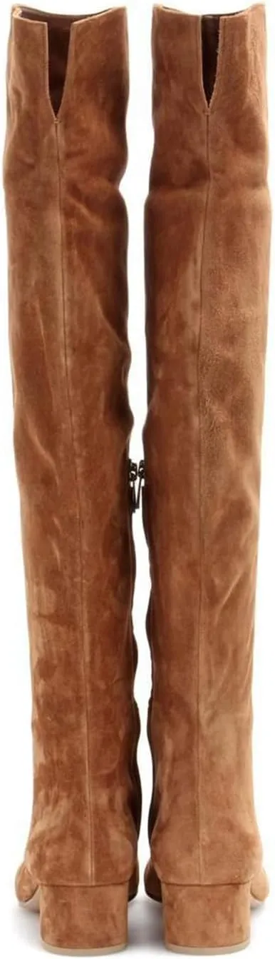 THESHY Women's Suede Over The Knee Boots Round Toe Chunky Heel Thigh High Boot Winter Comfort Wide Calf Tall Bootie Fashion Dress Shoes