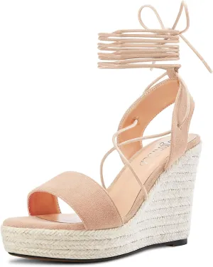 TNYNFBEB Womens High Wedge Heel Peep Open Toe Sandals Cross-Strap Lace-up Prom Basic Classic 3.9 Inches Heels