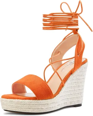 TNYNFBEB Womens High Wedge Heel Peep Open Toe Sandals Cross-Strap Lace-up Prom Basic Classic 3.9 Inches Heels