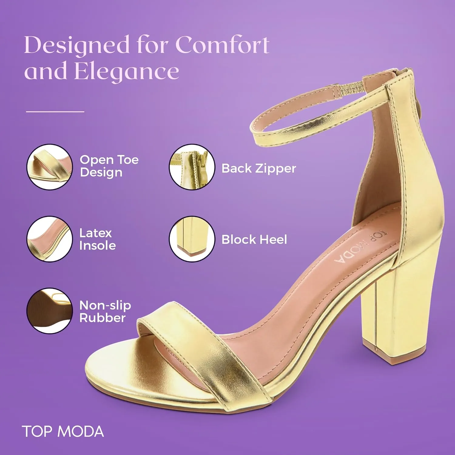 TOP MODA Hannah-1 Ankle Strap Dressy High Heel Sandal, Non-slip Sole, For Wedding, Party, Prom, Evening Wear, or Any Occasion, Sleek Style Block Heel Sandals