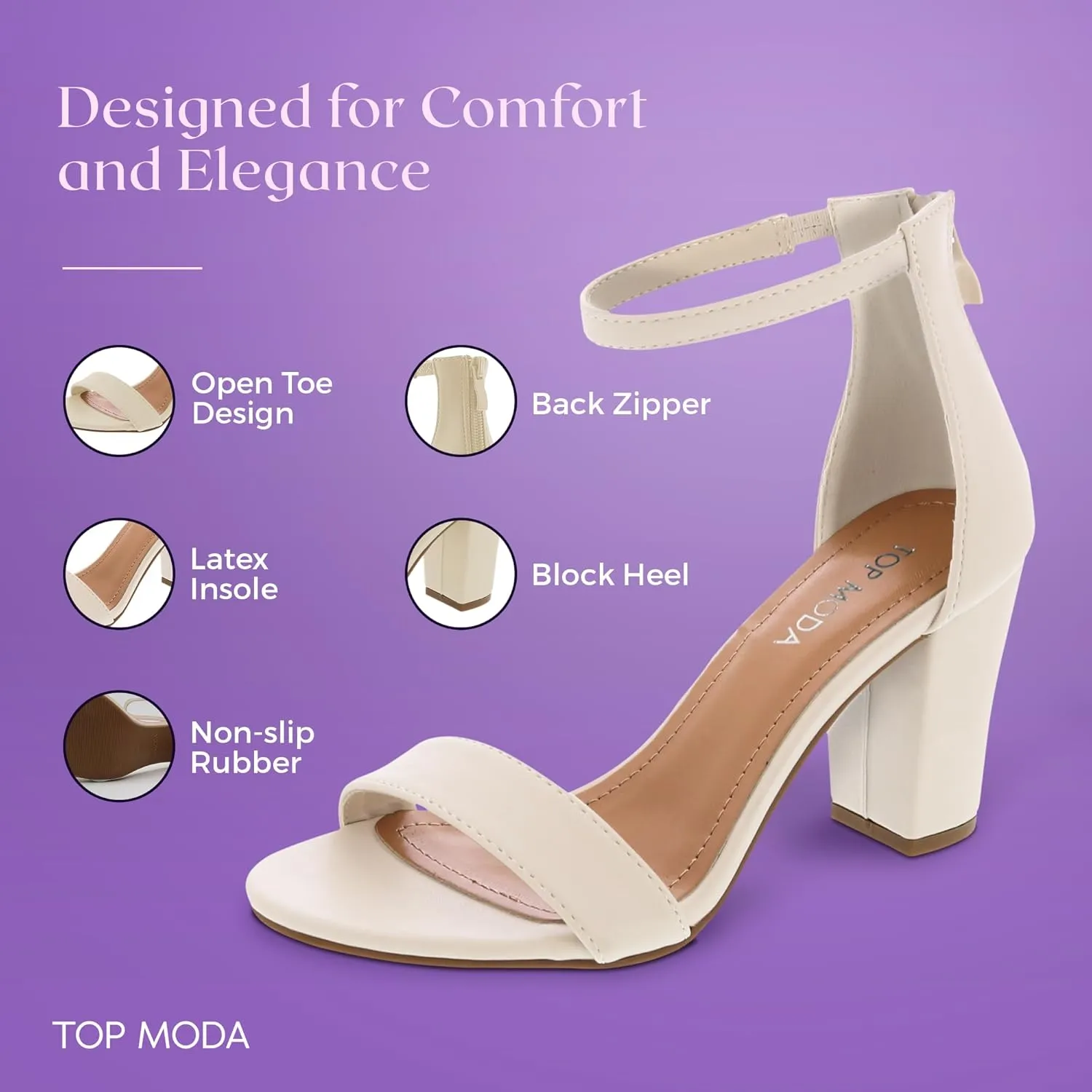 TOP MODA Hannah-1 Ankle Strap Dressy High Heel Sandal, Non-slip Sole, For Wedding, Party, Prom, Evening Wear, or Any Occasion, Sleek Style Block Heel Sandals