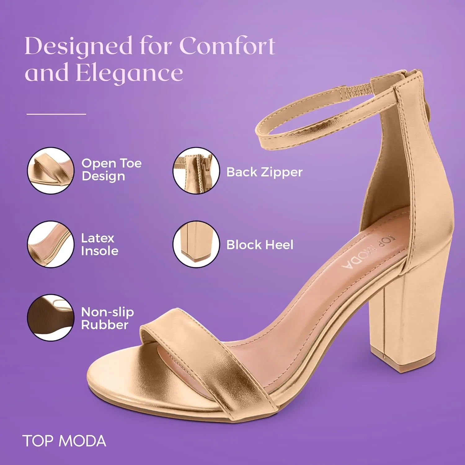 TOP MODA Hannah-1 Ankle Strap Dressy High Heel Sandal, Non-slip Sole, For Wedding, Party, Prom, Evening Wear, or Any Occasion, Sleek Style Block Heel Sandals