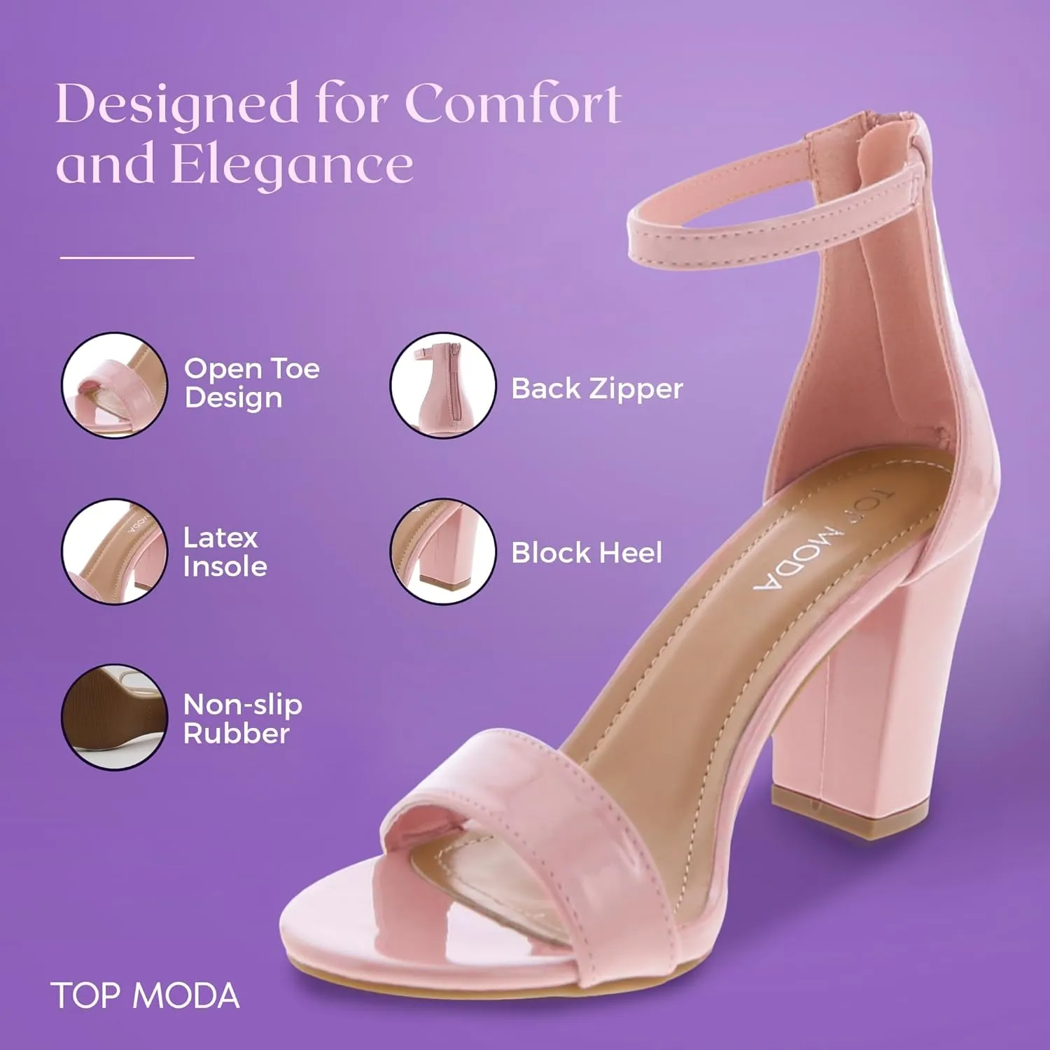 TOP MODA Hannah-1 Ankle Strap Dressy High Heel Sandal, Non-slip Sole, For Wedding, Party, Prom, Evening Wear, or Any Occasion, Sleek Style Block Heel Sandals