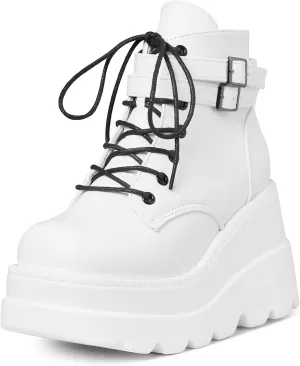 Tscoyuki Platform Ankle Boots for Women Chunky High Heel Booties Goth Round Toe Combat Boots Women Lace Up Motorcycle Wedges