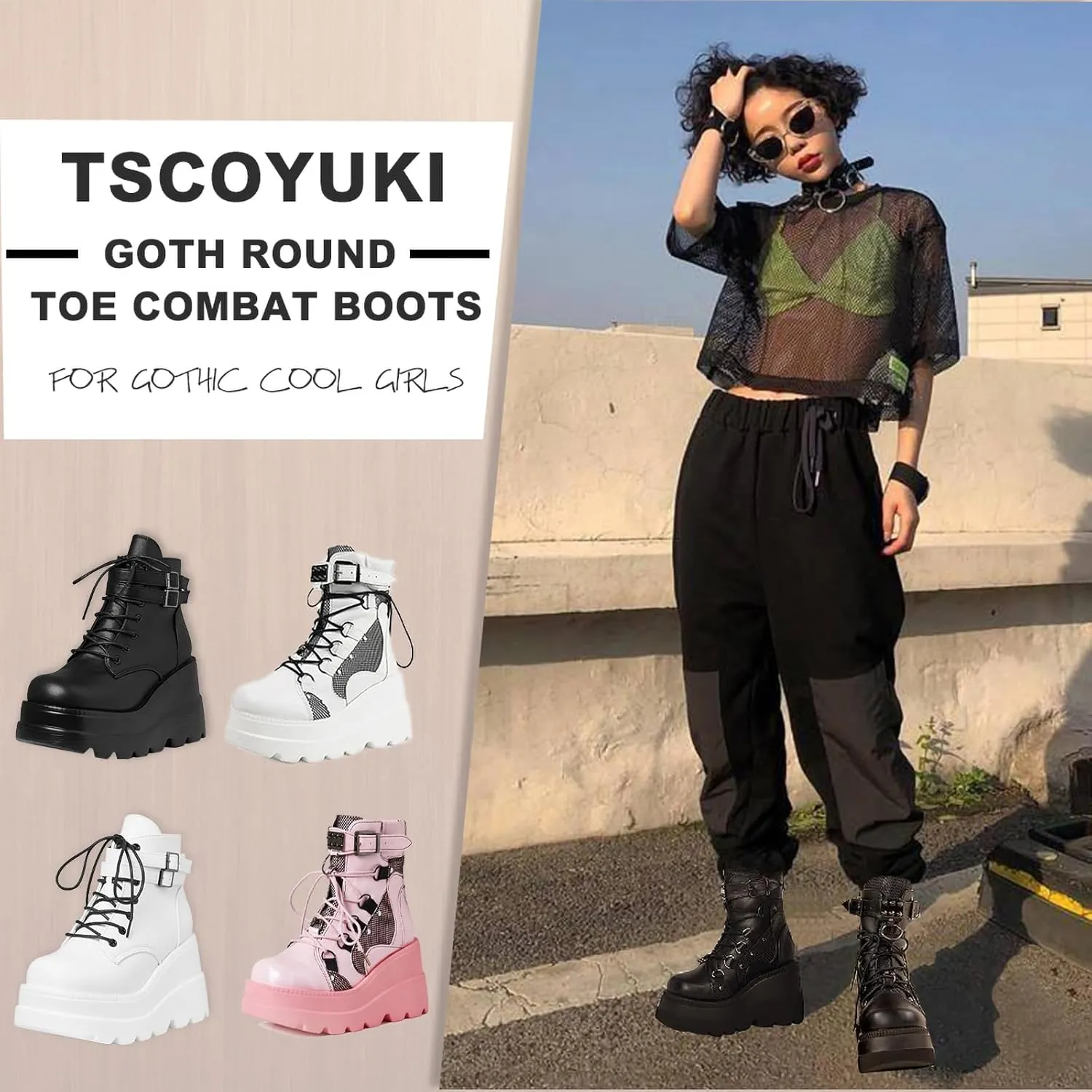 Tscoyuki Platform Ankle Boots for Women Chunky High Heel Booties Goth Round Toe Combat Boots Women Lace Up Motorcycle Wedges