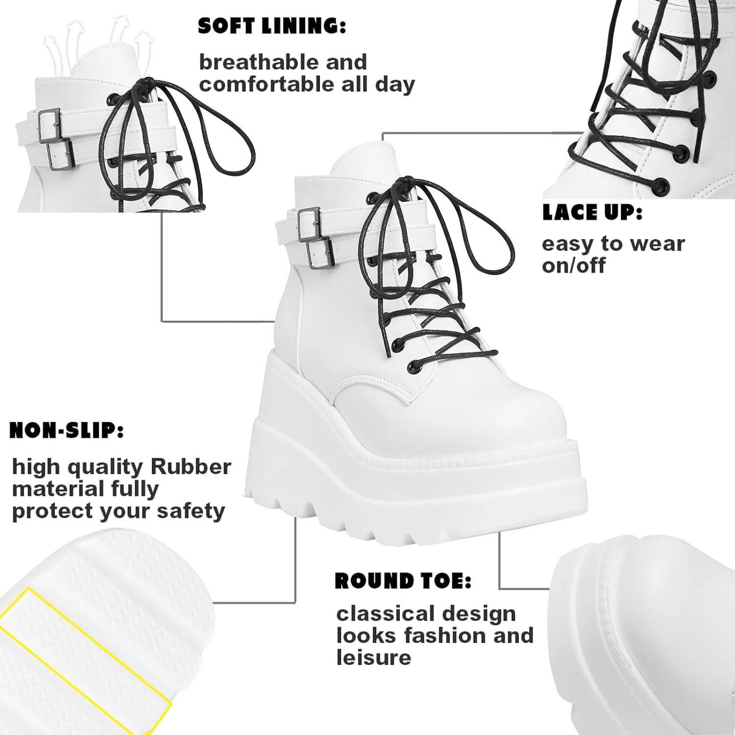 Tscoyuki Platform Ankle Boots for Women Chunky High Heel Booties Goth Round Toe Combat Boots Women Lace Up Motorcycle Wedges
