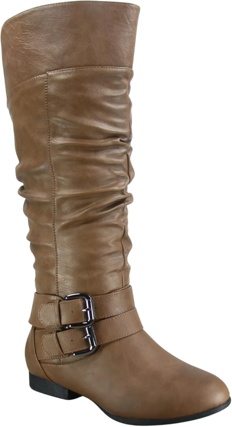 TZ Lily-20 Women's Knee High Riding Boots Low Flat Heel Winter Side Zip Buckles Boots Shoes