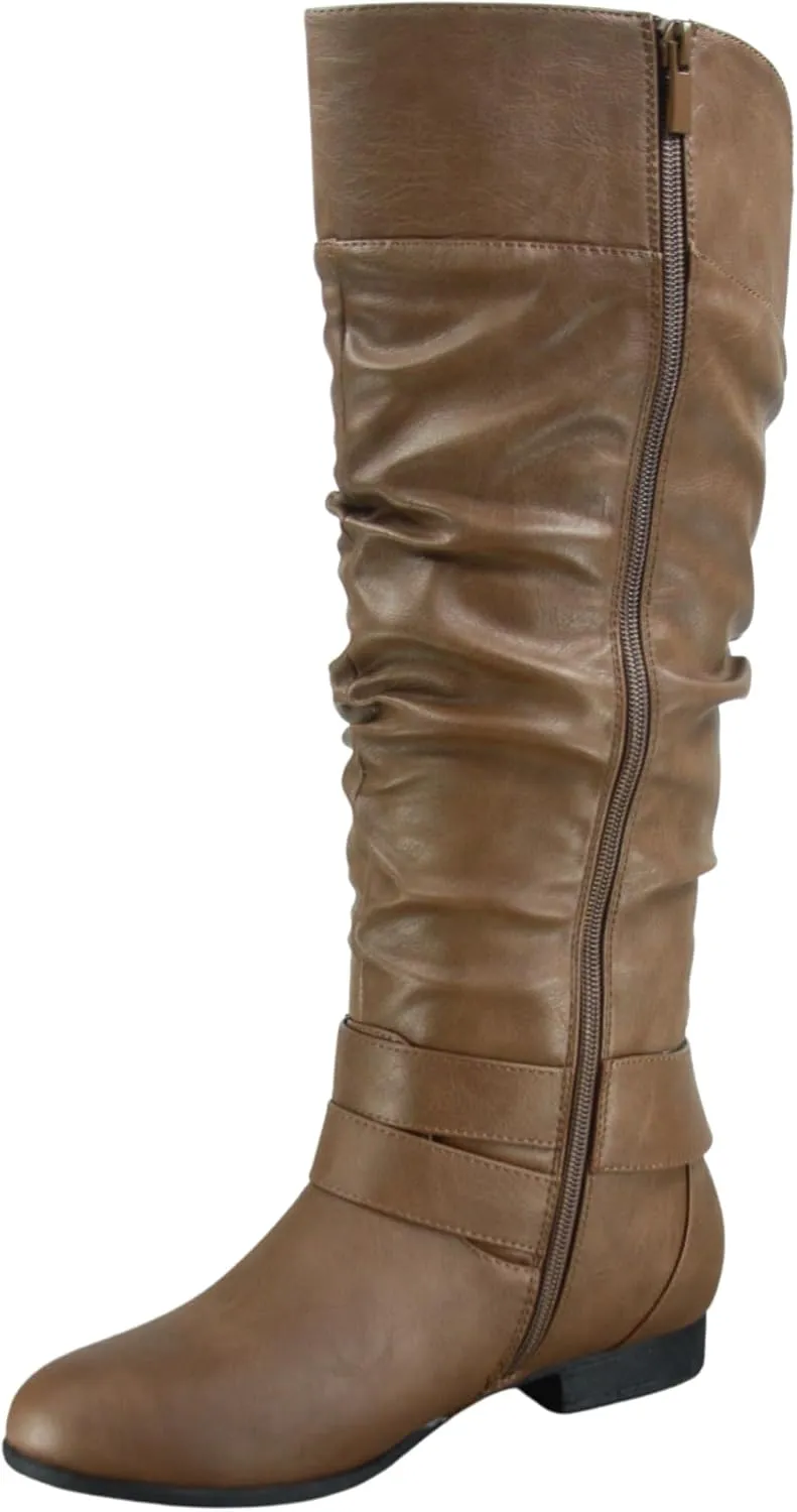 TZ Lily-20 Women's Knee High Riding Boots Low Flat Heel Winter Side Zip Buckles Boots Shoes