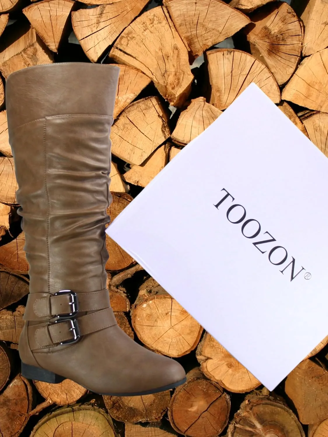 TZ Lily-20 Women's Knee High Riding Boots Low Flat Heel Winter Side Zip Buckles Boots Shoes