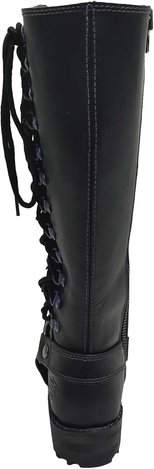 Unik Women's Premium Leather Laced Motorcycle Boots, Black/Purple 12000-17