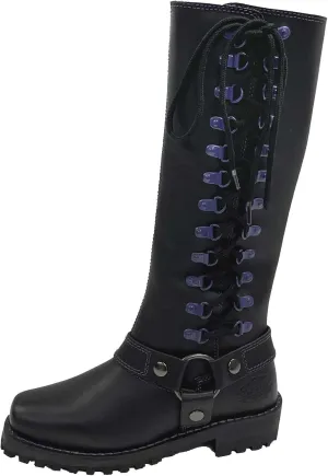Unik Women's Premium Leather Laced Motorcycle Boots, Black/Purple 12000-17