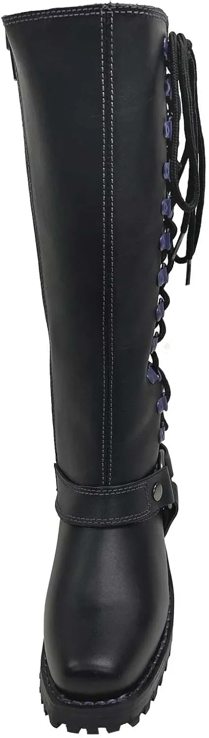 Unik Women's Premium Leather Laced Motorcycle Boots, Black/Purple 12000-17