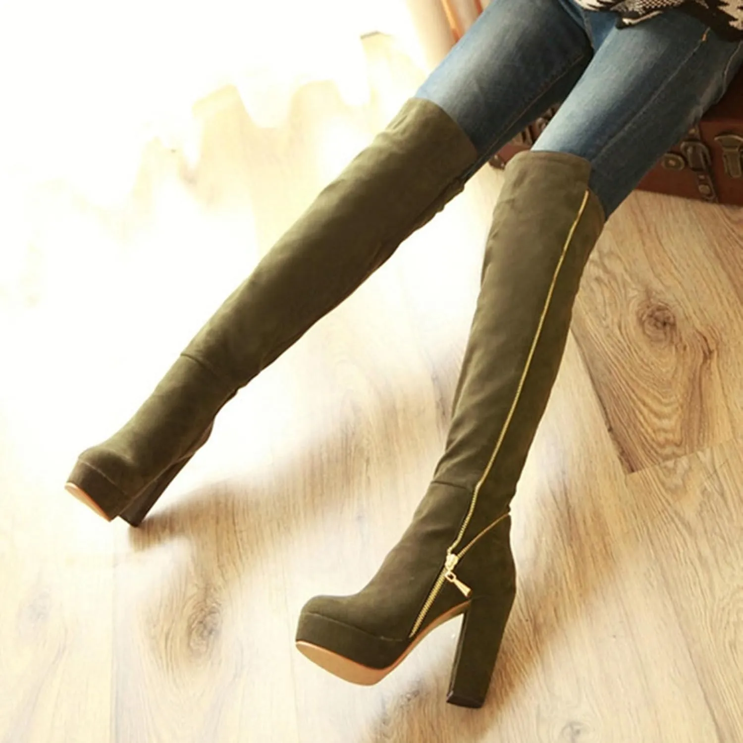 Uniquelly Womens Over The Knee Boots Chunky High Heel Platform Riding Boots Round Toe Side Zipper Long Boots Winter Dress Shoes