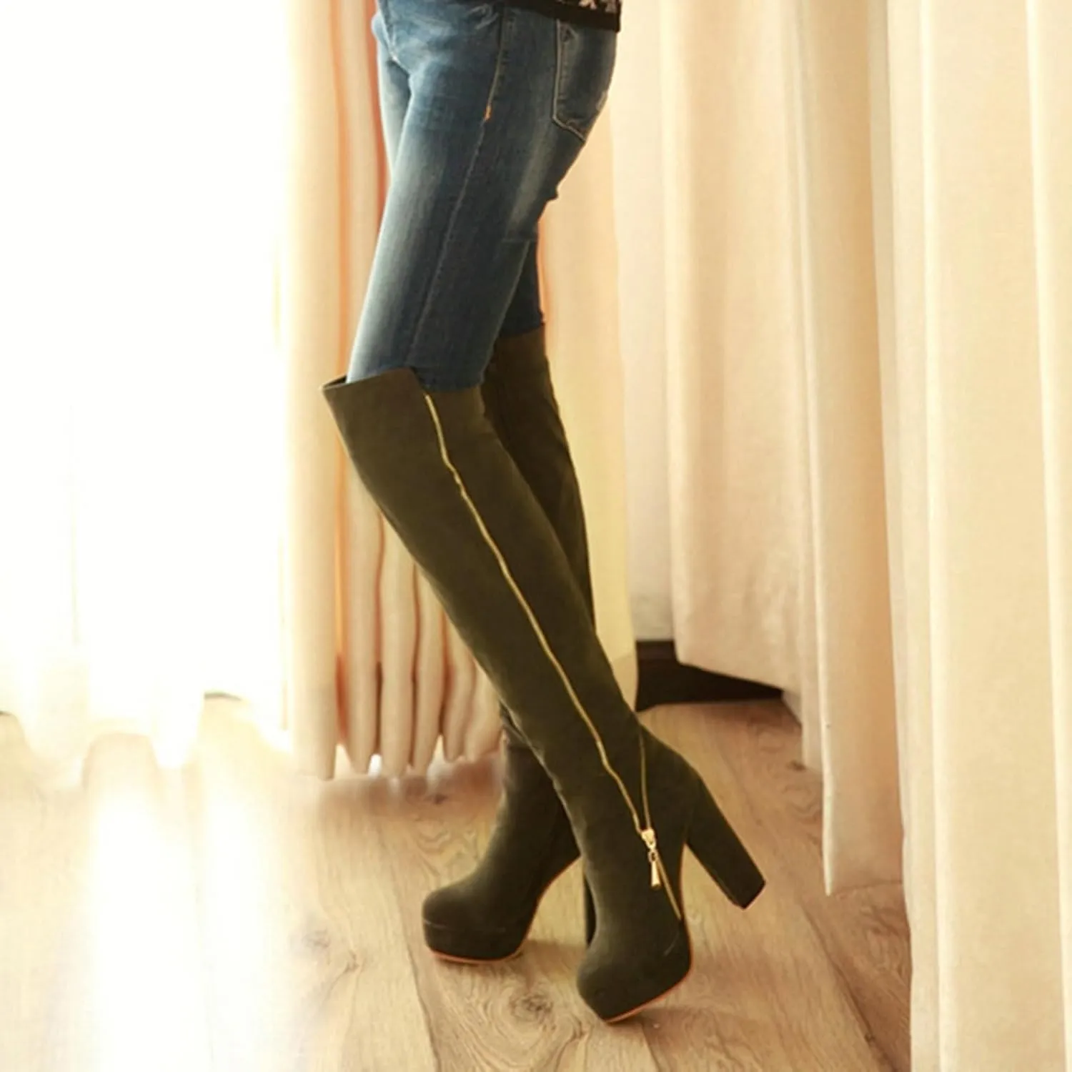 Uniquelly Womens Over The Knee Boots Chunky High Heel Platform Riding Boots Round Toe Side Zipper Long Boots Winter Dress Shoes