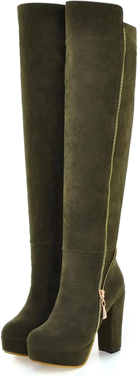 Uniquelly Womens Over The Knee Boots Chunky High Heel Platform Riding Boots Round Toe Side Zipper Long Boots Winter Dress Shoes
