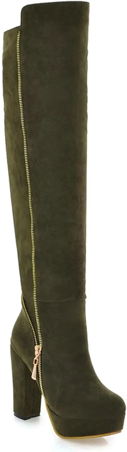 Uniquelly Womens Over The Knee Boots Chunky High Heel Platform Riding Boots Round Toe Side Zipper Long Boots Winter Dress Shoes