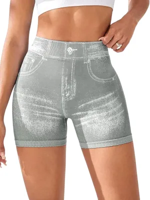 V Back Workout Shorts for Women Printed High Waisted Booty Jean Shorts Stretchy Scrunch Slim Fit Yoga Biker Jegging