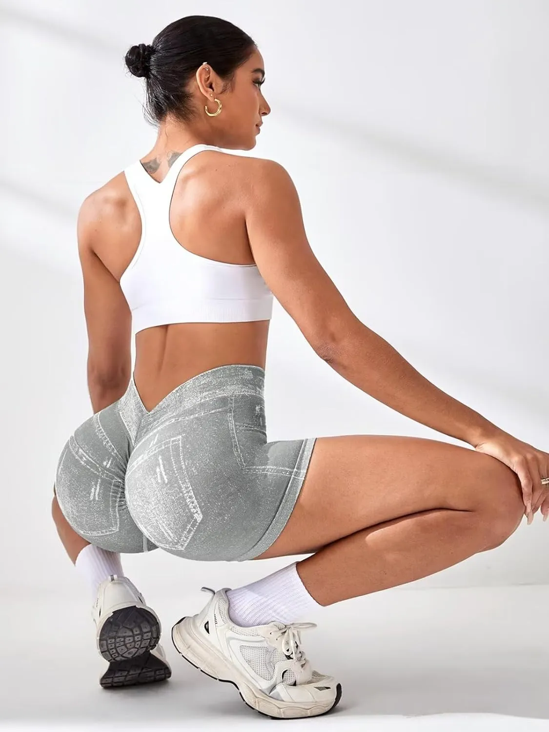 V Back Workout Shorts for Women Printed High Waisted Booty Jean Shorts Stretchy Scrunch Slim Fit Yoga Biker Jegging