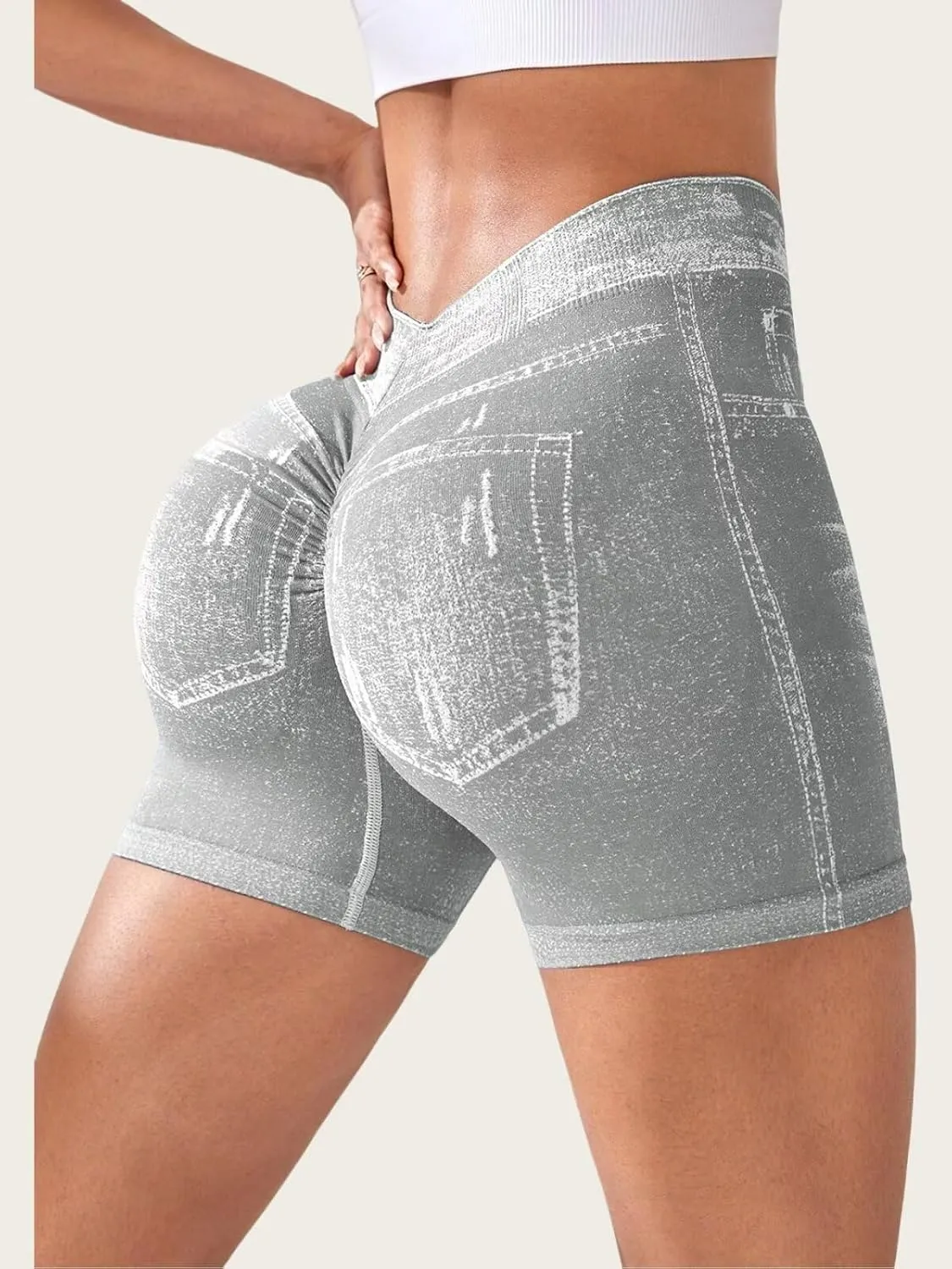 V Back Workout Shorts for Women Printed High Waisted Booty Jean Shorts Stretchy Scrunch Slim Fit Yoga Biker Jegging