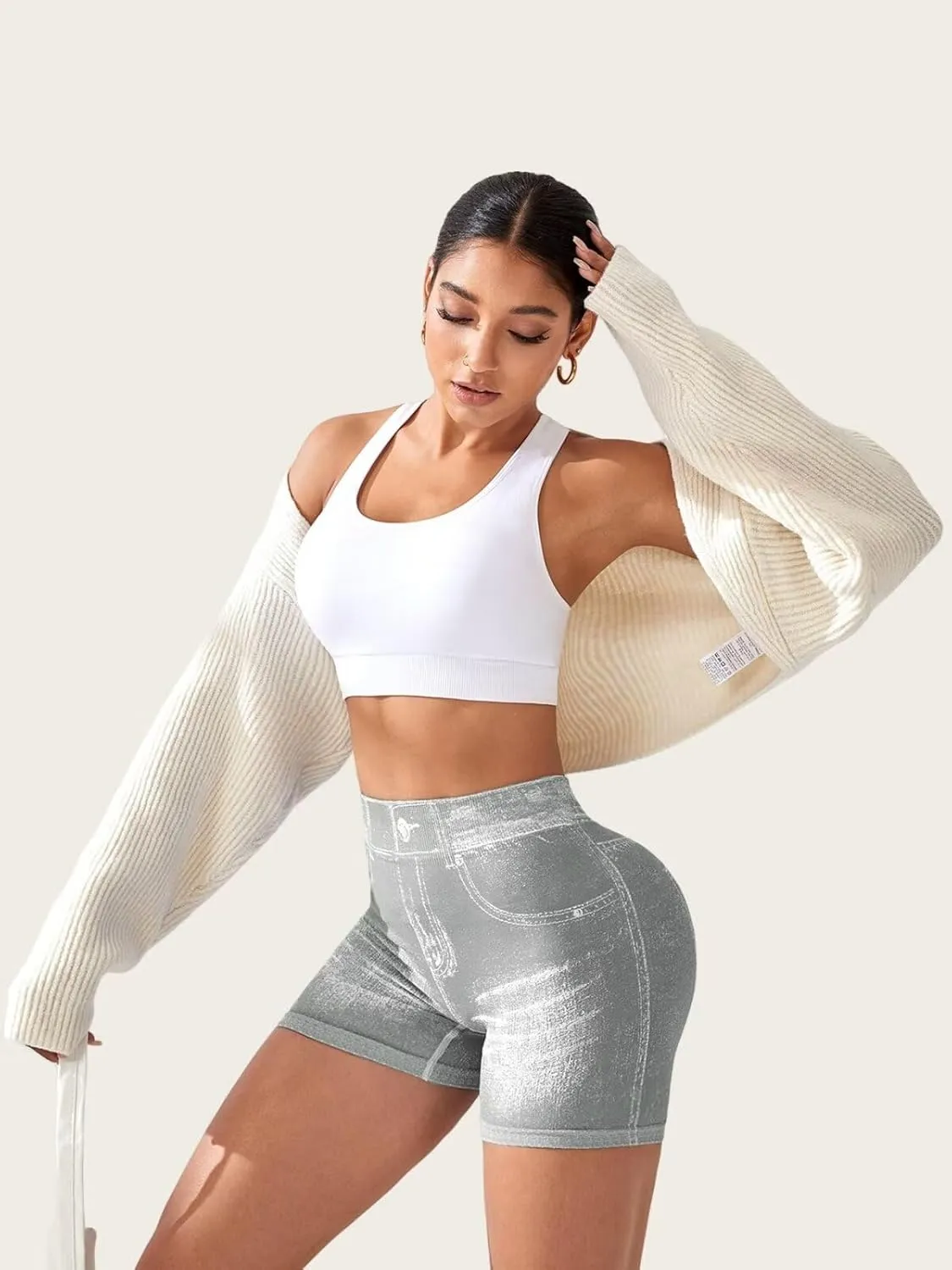 V Back Workout Shorts for Women Printed High Waisted Booty Jean Shorts Stretchy Scrunch Slim Fit Yoga Biker Jegging