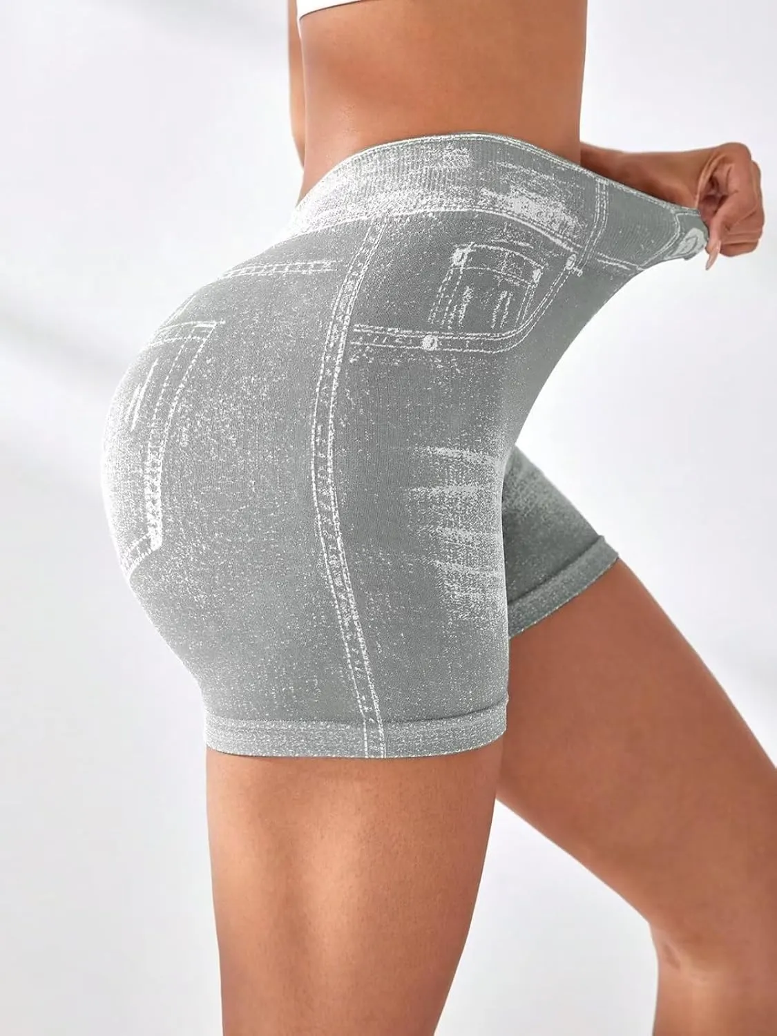 V Back Workout Shorts for Women Printed High Waisted Booty Jean Shorts Stretchy Scrunch Slim Fit Yoga Biker Jegging