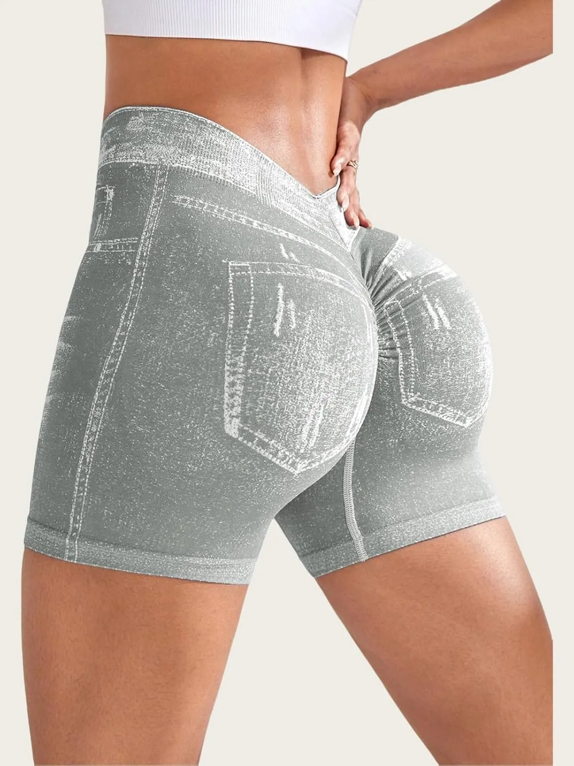 V Back Workout Shorts for Women Printed High Waisted Booty Jean Shorts Stretchy Scrunch Slim Fit Yoga Biker Jegging