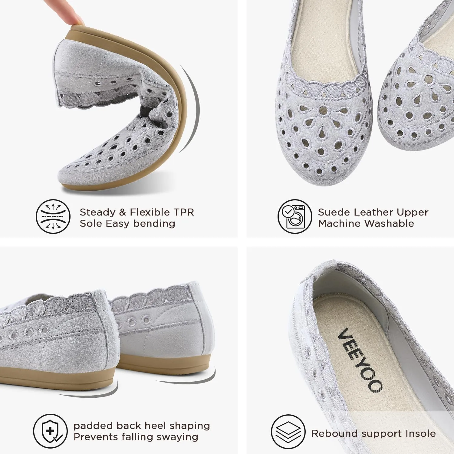 VEEYOO Women's Floral Ballet Flats, Suede Microfiber Comfortable Dress Shoes, Round Toe Mesh Flat Dressy Shoes for Women
