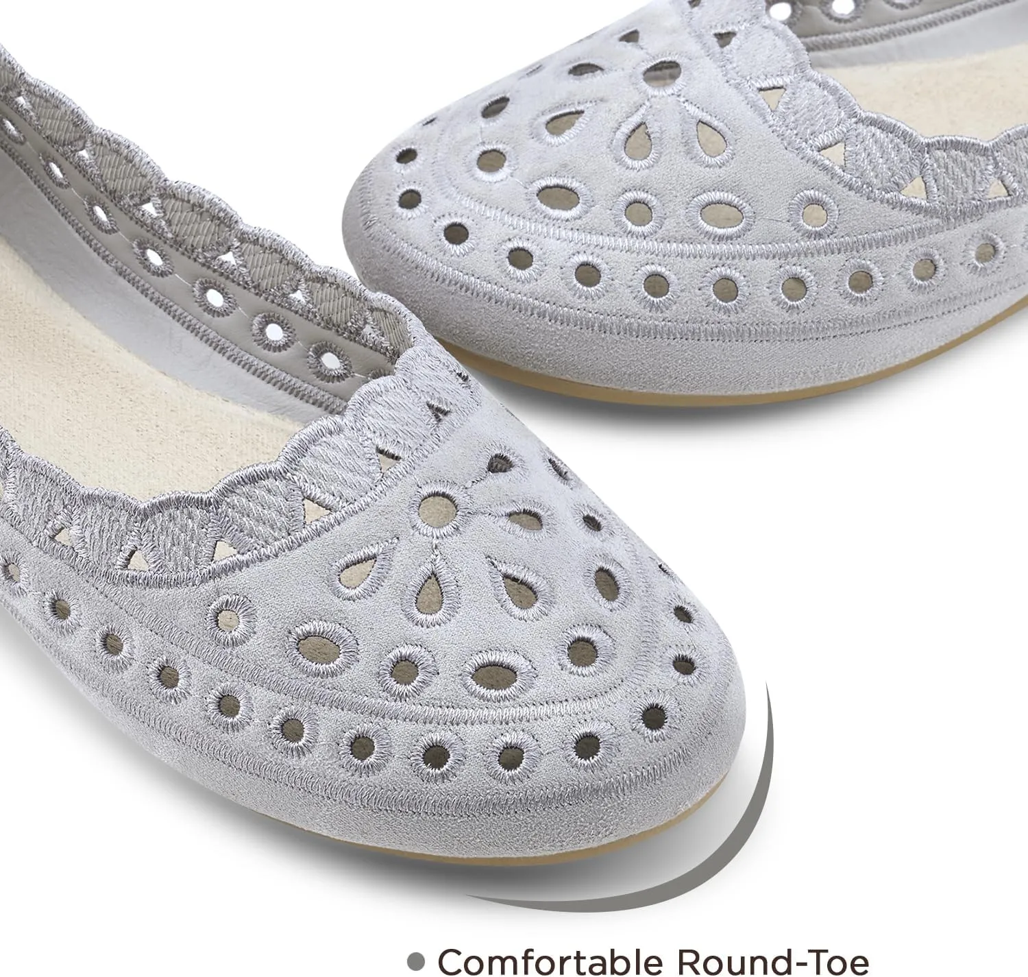 VEEYOO Women's Floral Ballet Flats, Suede Microfiber Comfortable Dress Shoes, Round Toe Mesh Flat Dressy Shoes for Women