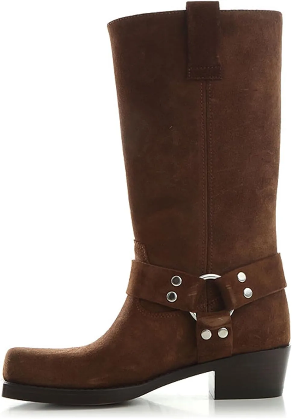 Vertundy Women's Chunky Heel Mid Calf Boot Square Toe Riding Boots Buckle Comfortable Slip On Fashion Causal Booties