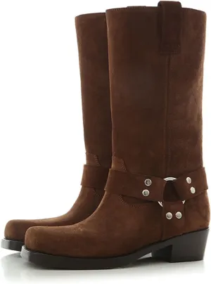 Vertundy Women's Chunky Heel Mid Calf Boot Square Toe Riding Boots Buckle Comfortable Slip On Fashion Causal Booties