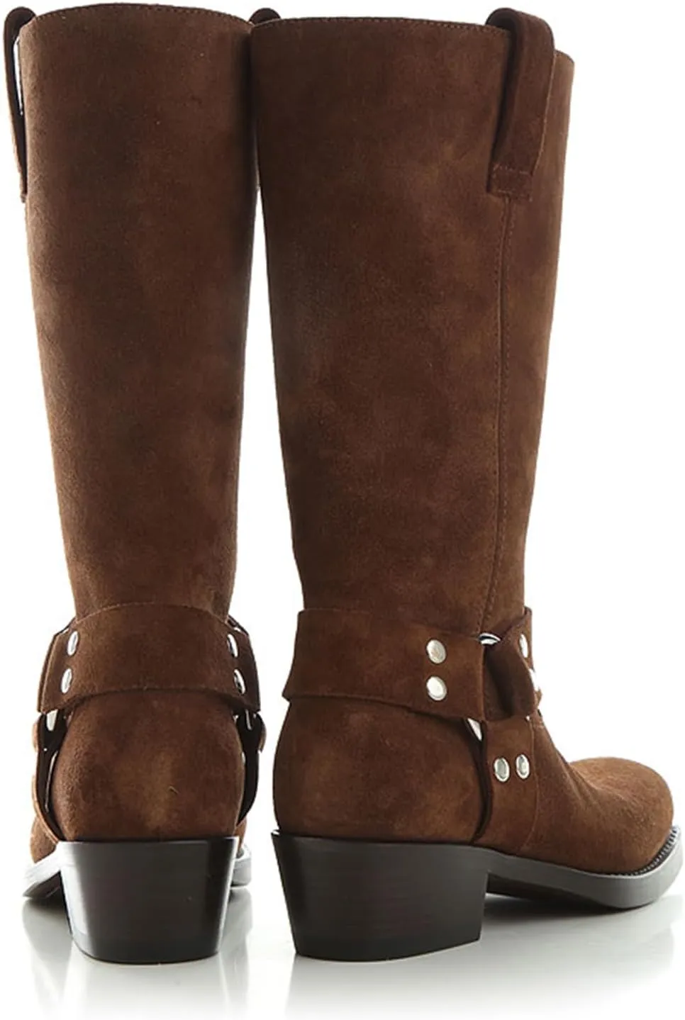 Vertundy Women's Chunky Heel Mid Calf Boot Square Toe Riding Boots Buckle Comfortable Slip On Fashion Causal Booties