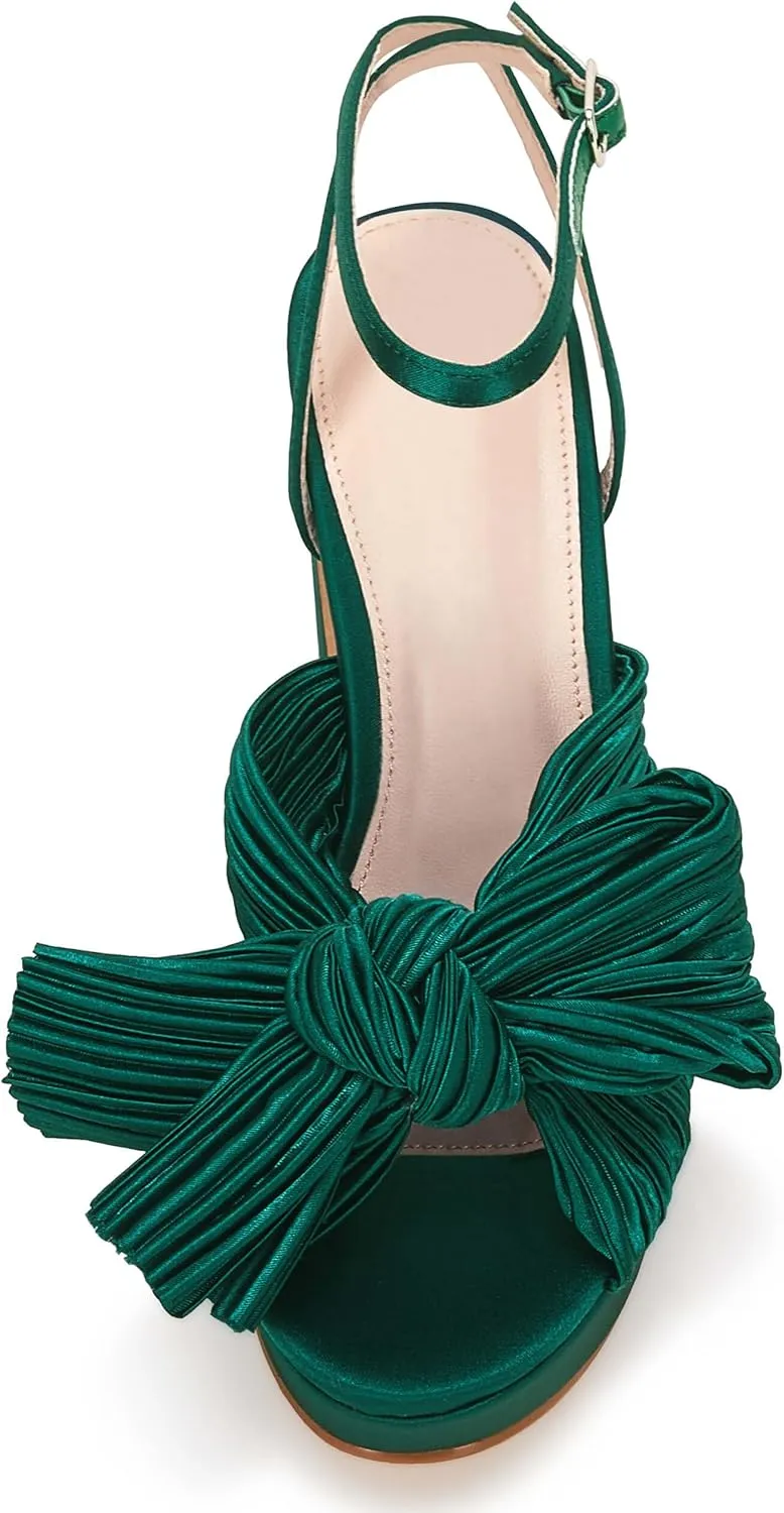 VETASTE Women's Pleated Bow Knot Platform Heeled Sandals Open Toe Chunky Block Heel Ankle Buckle Strap Bridal Wedding Dress Shoes