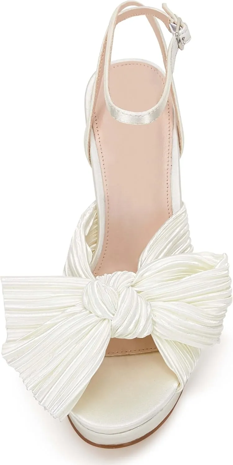 VETASTE Women's Pleated Bow Knot Platform Heeled Sandals Open Toe Chunky Block Heel Ankle Buckle Strap Bridal Wedding Dress Shoes