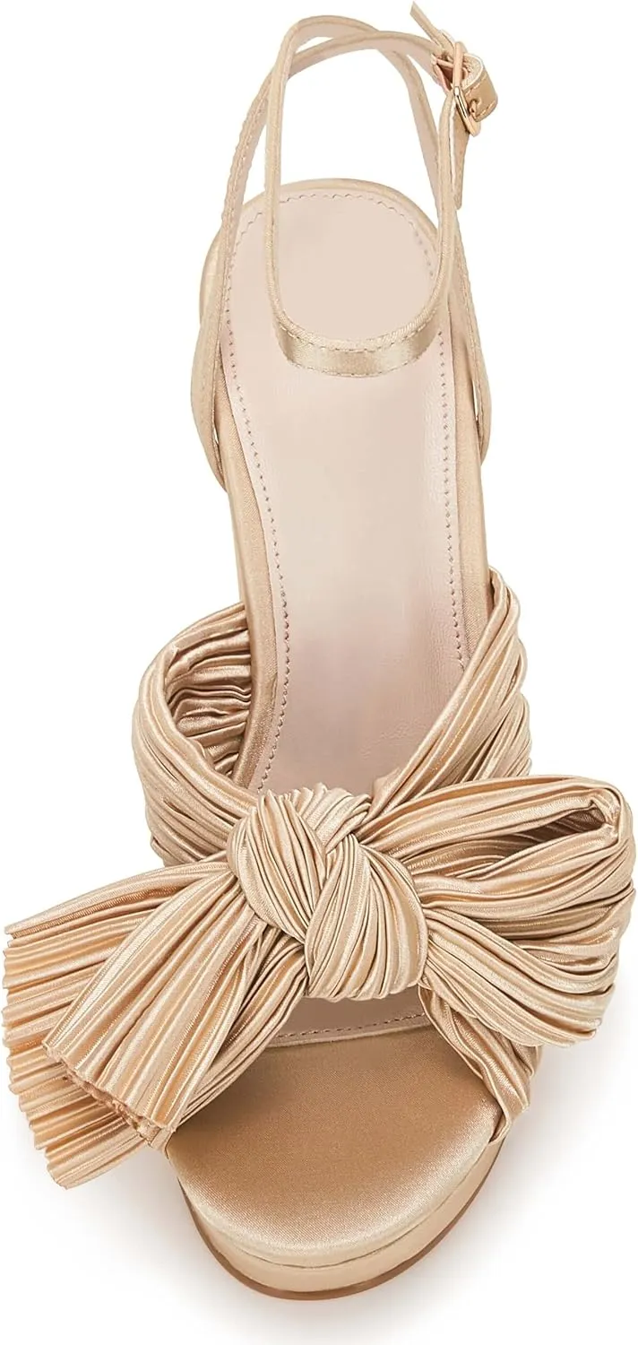 VETASTE Women's Pleated Bow Knot Platform Heeled Sandals Open Toe Chunky Block Heel Ankle Buckle Strap Bridal Wedding Dress Shoes