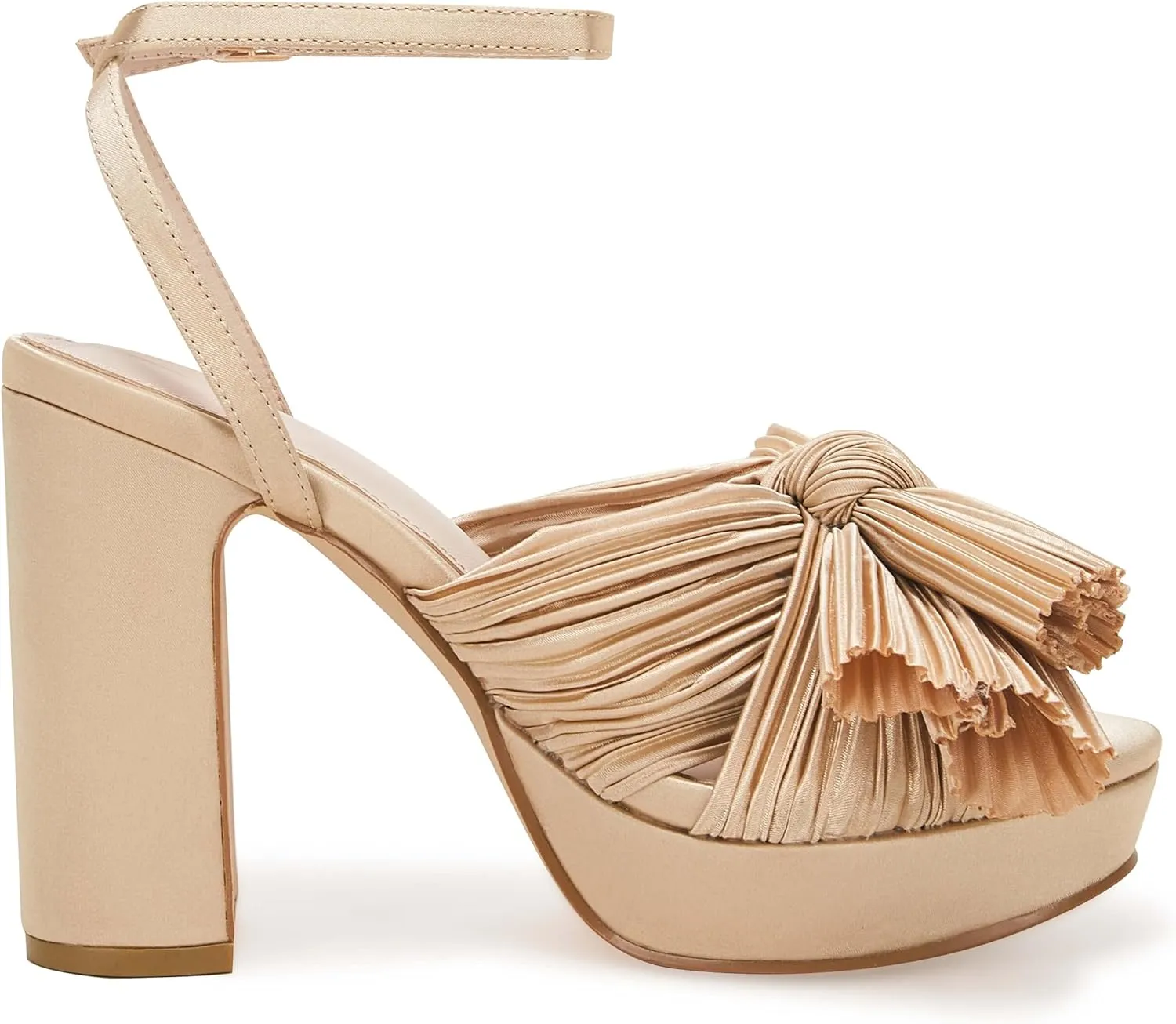 VETASTE Women's Pleated Bow Knot Platform Heeled Sandals Open Toe Chunky Block Heel Ankle Buckle Strap Bridal Wedding Dress Shoes
