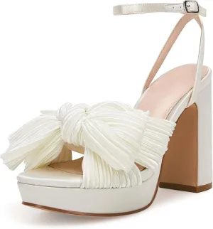 VETASTE Women's Pleated Bow Knot Platform Heeled Sandals Open Toe Chunky Block Heel Ankle Buckle Strap Bridal Wedding Dress Shoes