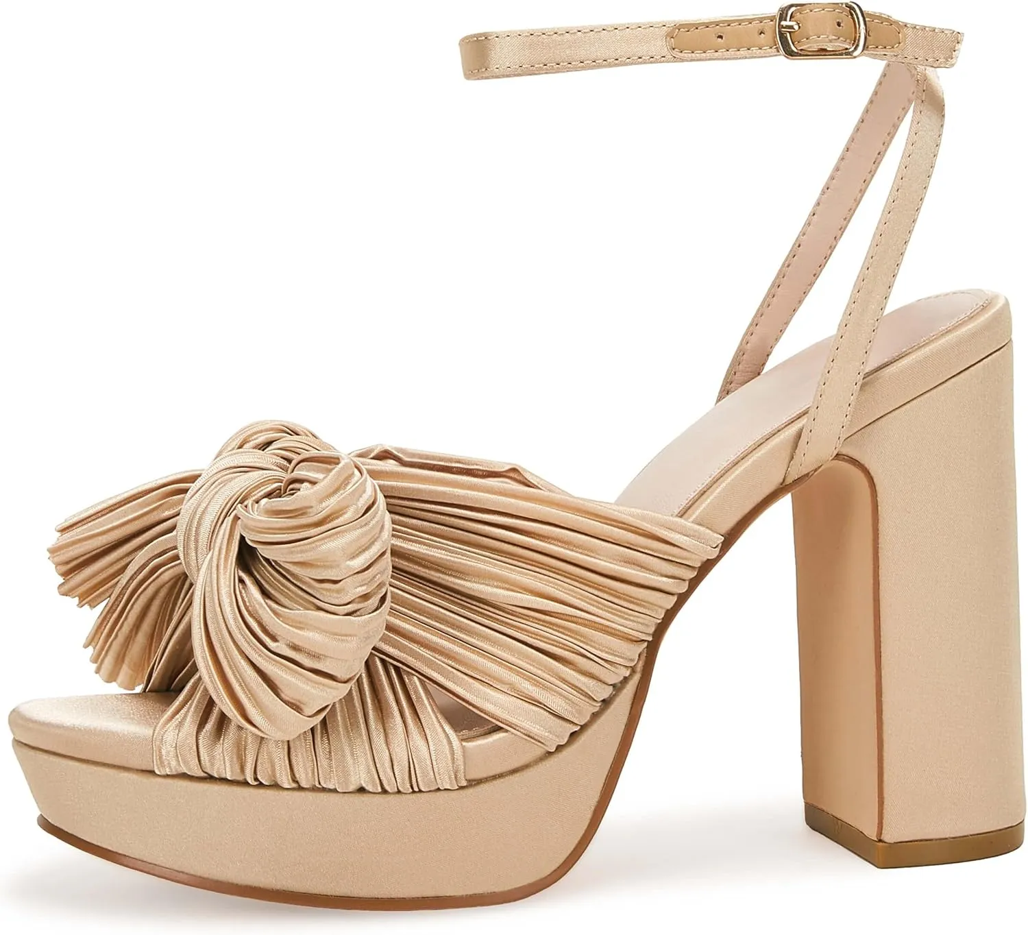 VETASTE Women's Pleated Bow Knot Platform Heeled Sandals Open Toe Chunky Block Heel Ankle Buckle Strap Bridal Wedding Dress Shoes